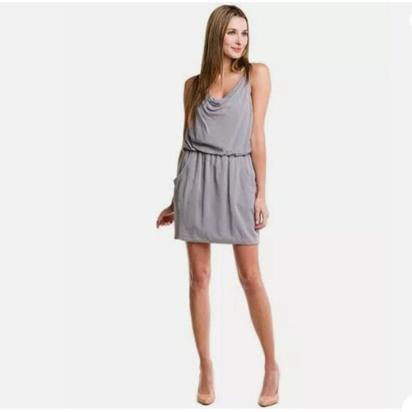 Theory Jaylyn Gray Draped Cowl Neck Asymmetric Strap Pocket Tank Mini Dress 4 - Picture 2 of 11